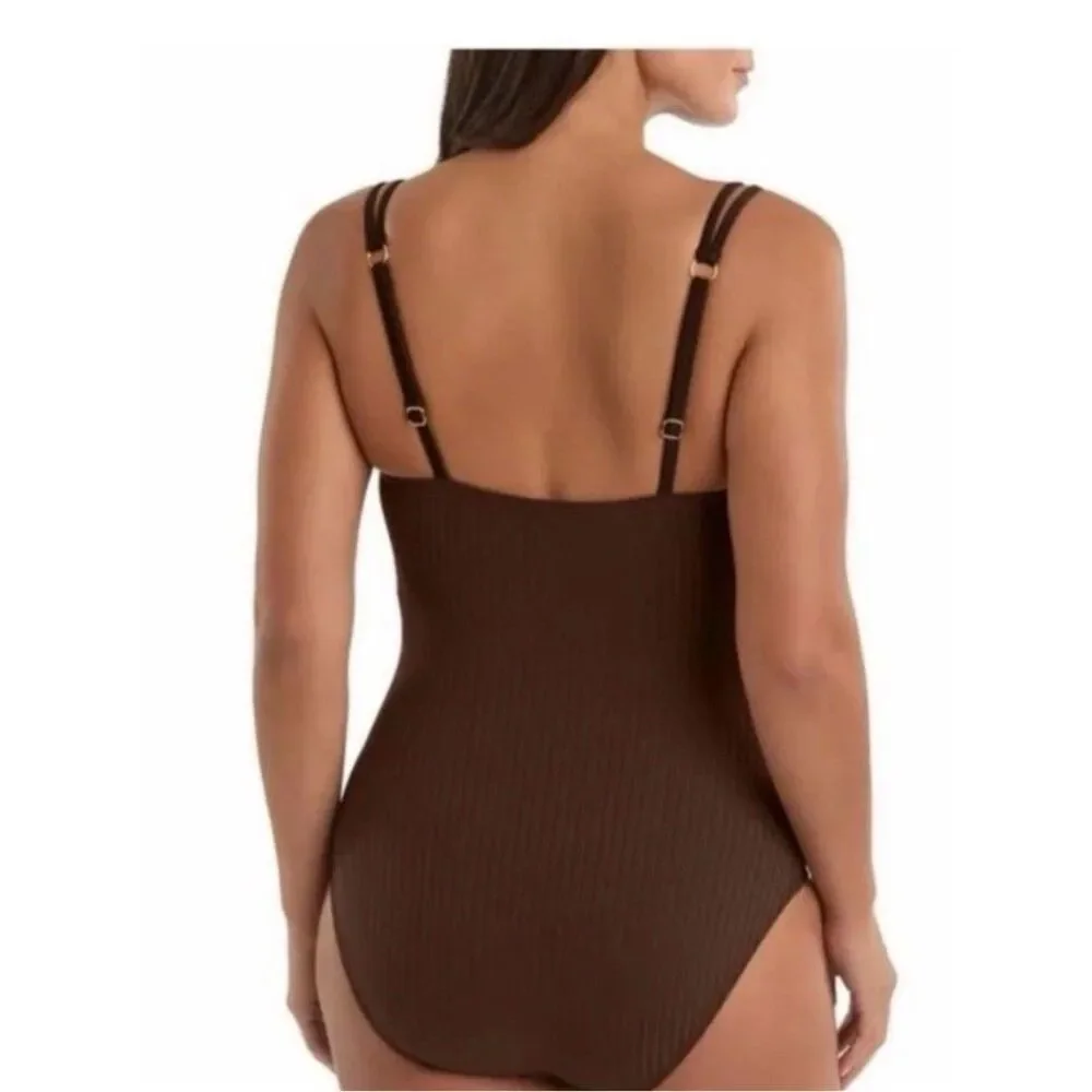 Ellen Tracy Ribbed Brown V-Neck One-Piece Swimsuit